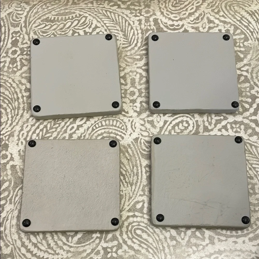 Pier 1 Imports Farm Animal Gray Coasters Set 4 cow chicken pig‎ rooster